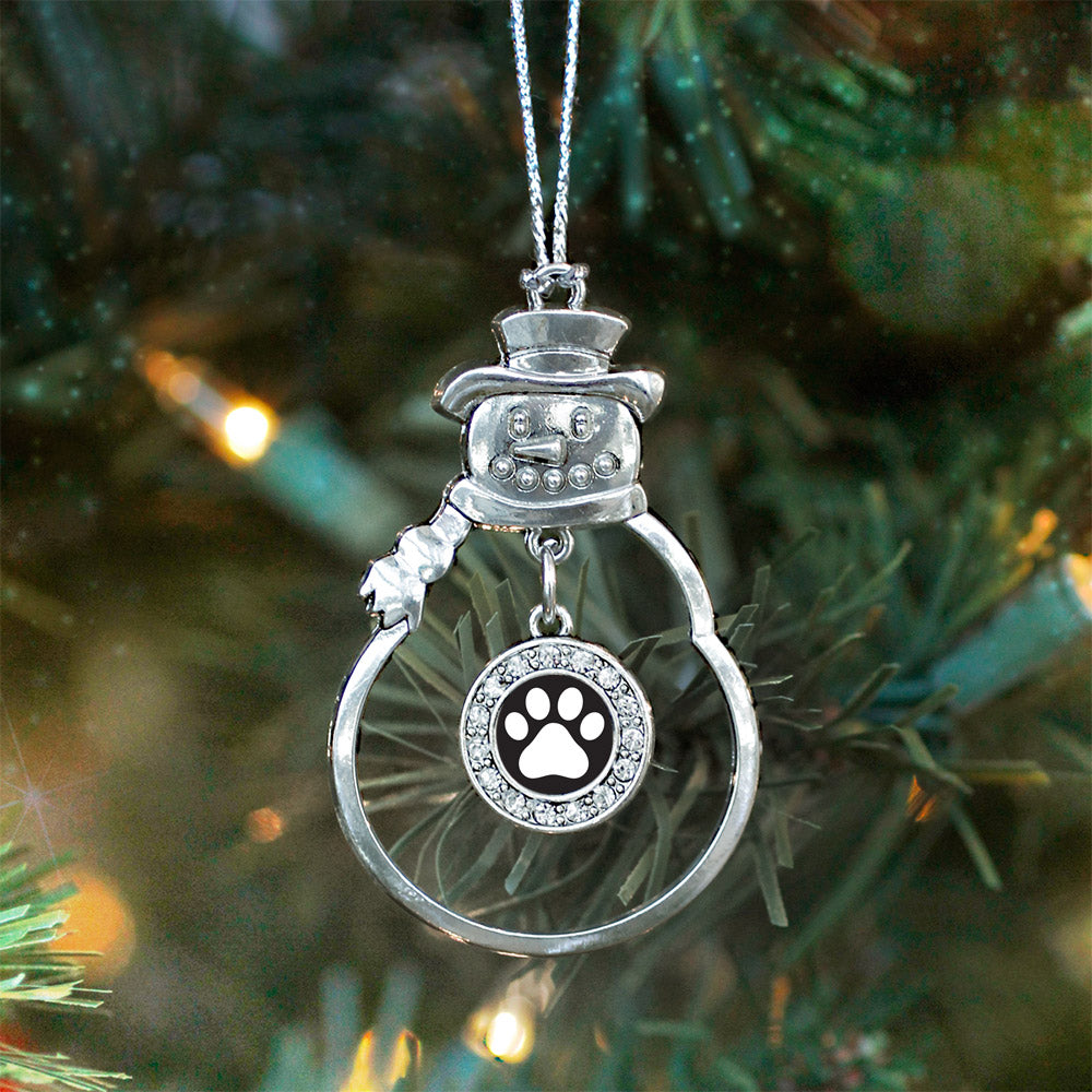 Silver Black and White Paw Print Circle Charm Snowman Ornament