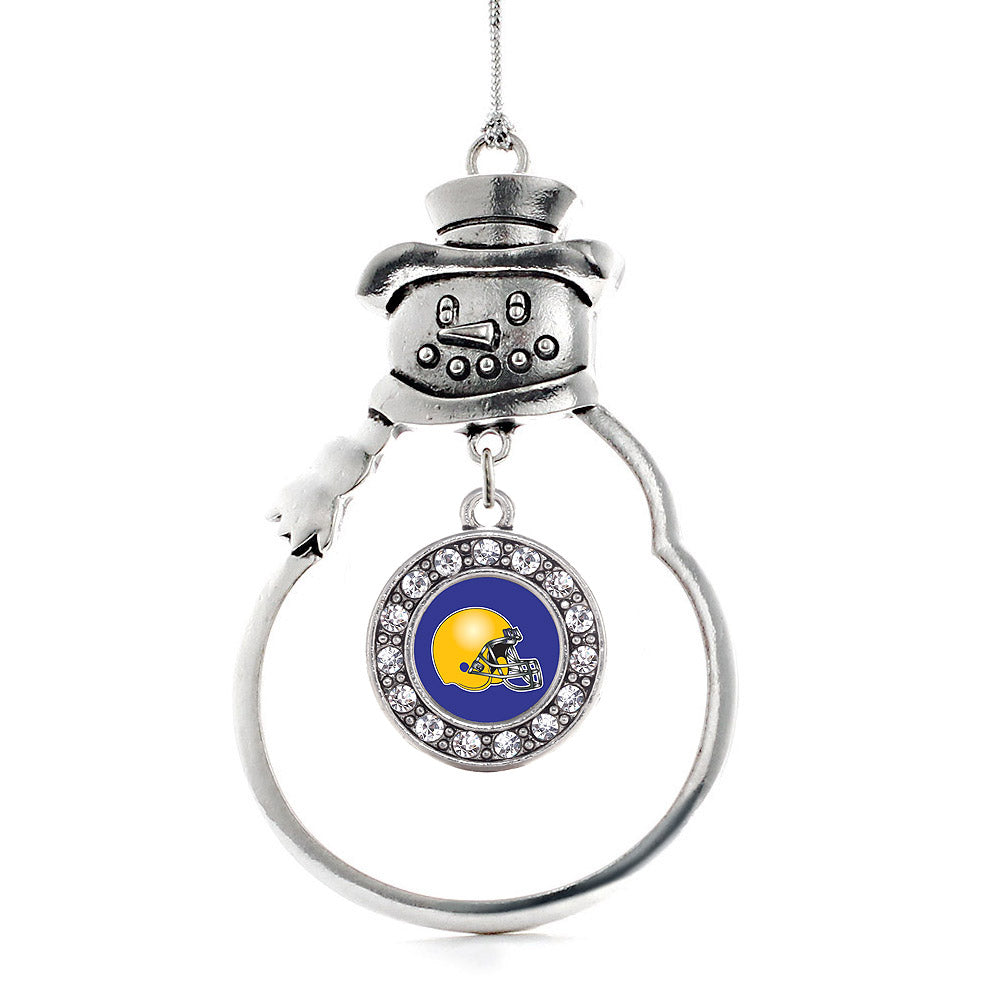 Silver Blue and Yellow Team Helmet Circle Charm Snowman Ornament