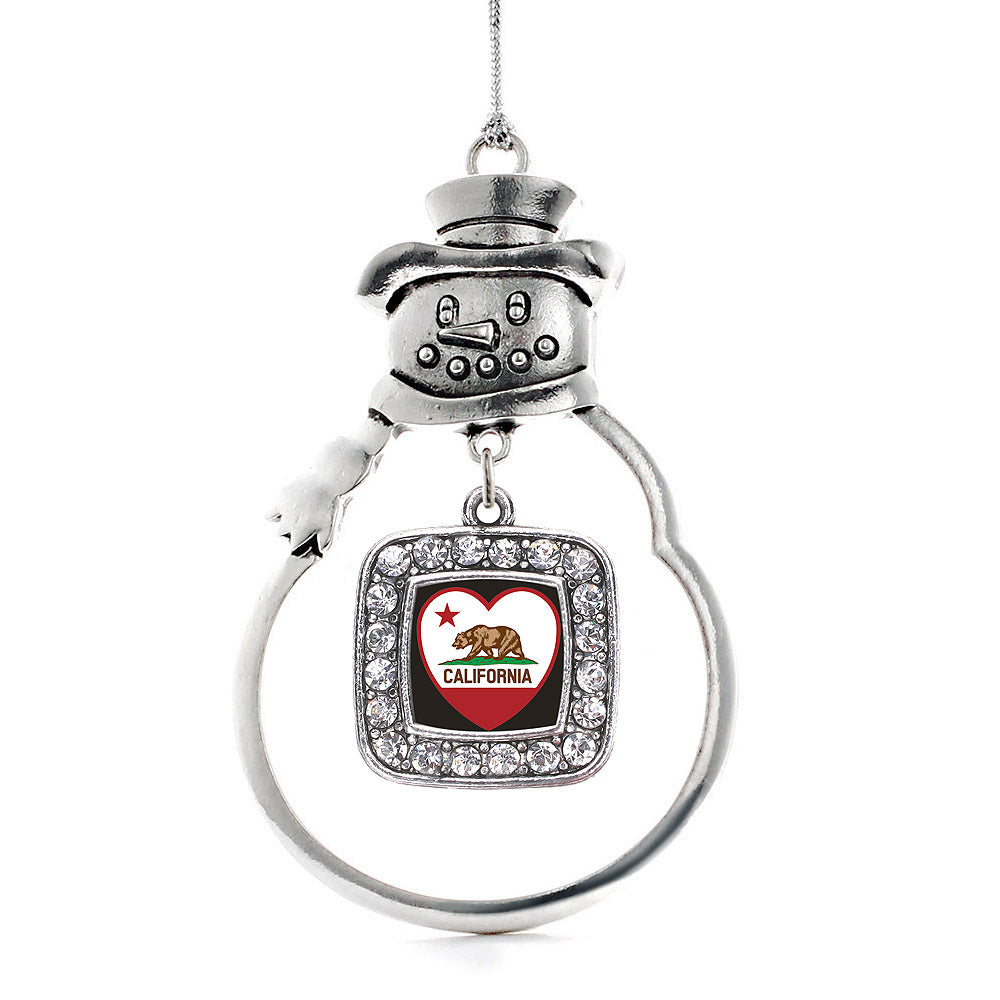 Silver California Heart Flag Square Charm Snowman Ornament
