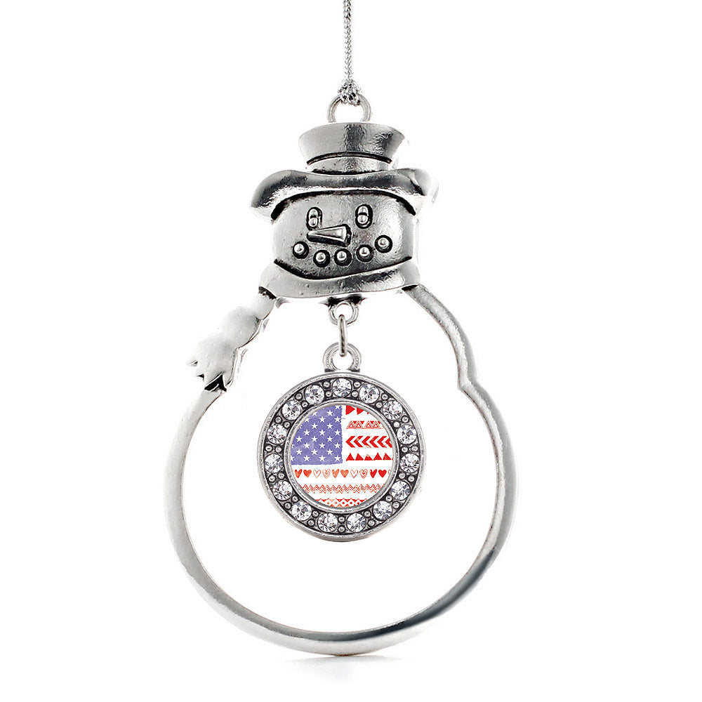Silver Cute American Flag Circle Charm Snowman Ornament
