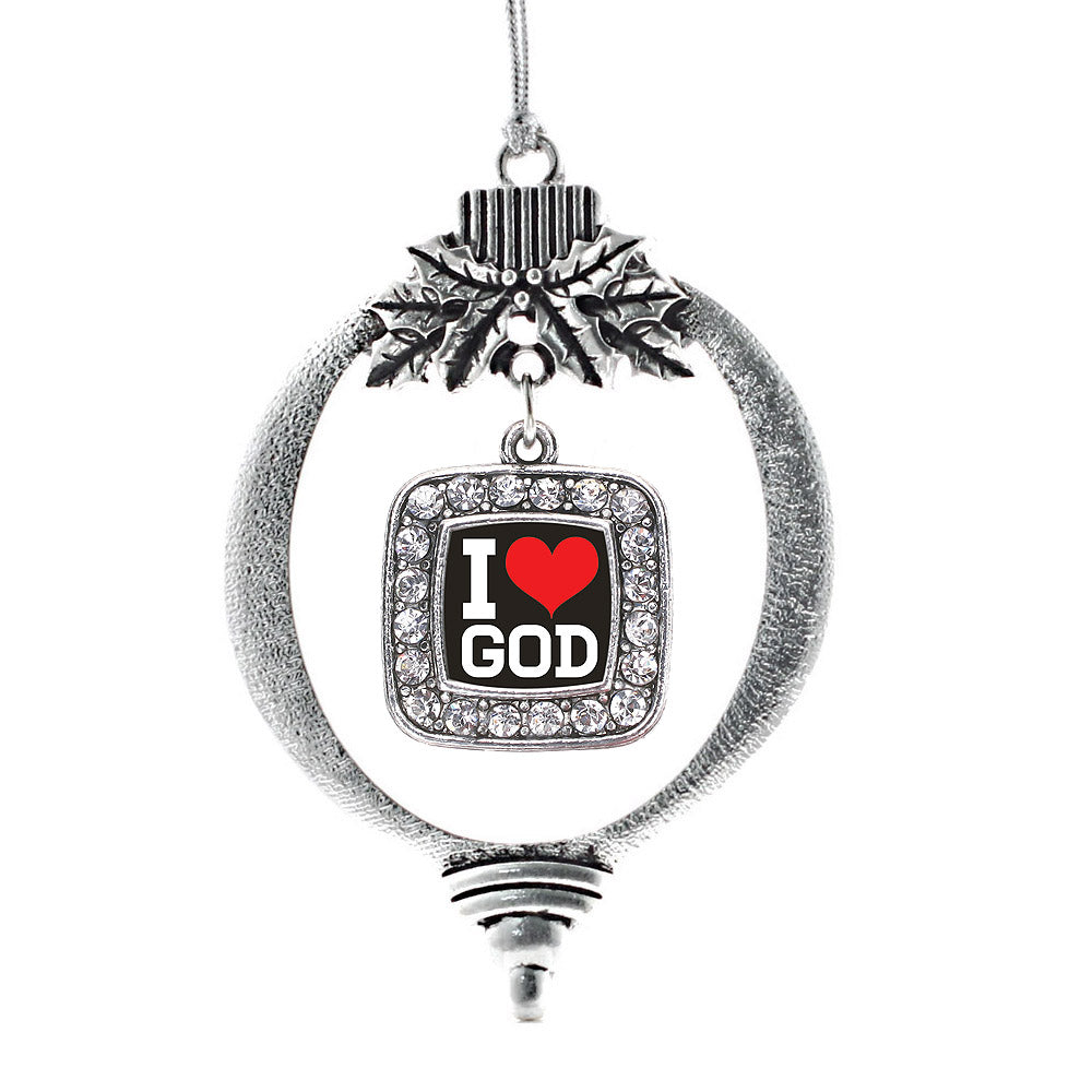 Silver I Love God Square Charm Holiday Ornament
