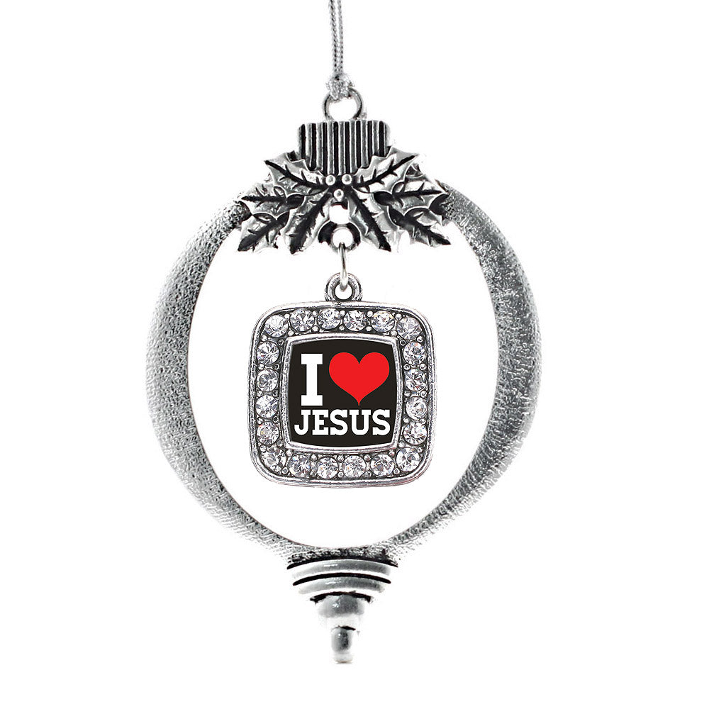 Silver I Love Jesus Square Charm Holiday Ornament