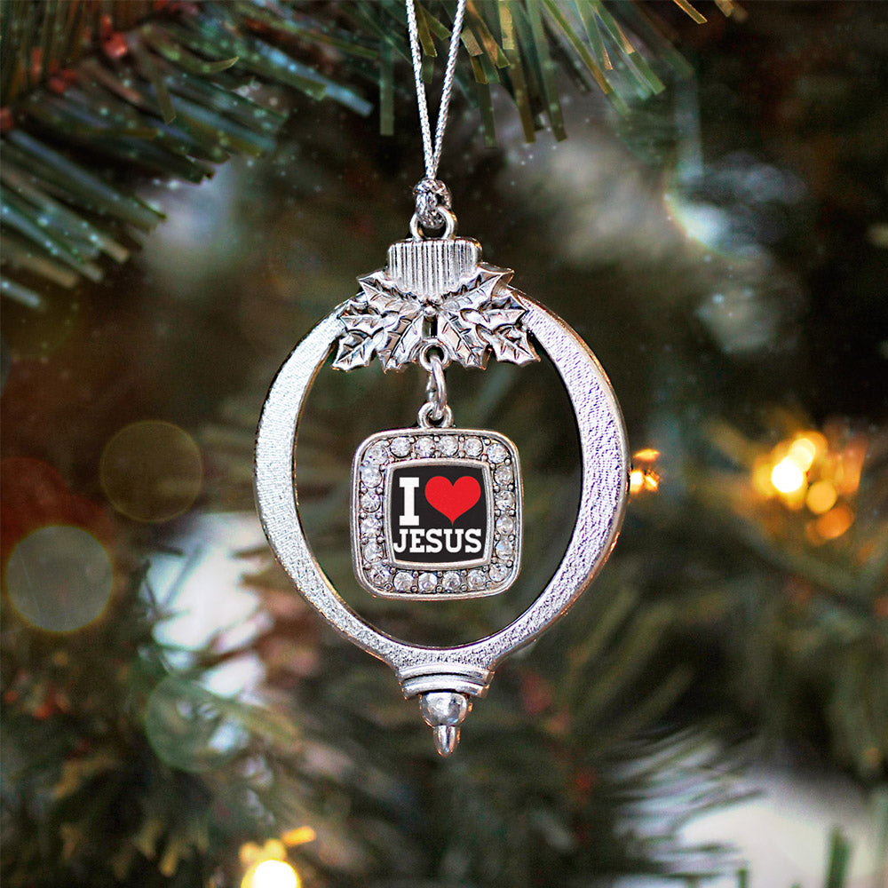 Silver I Love Jesus Square Charm Holiday Ornament
