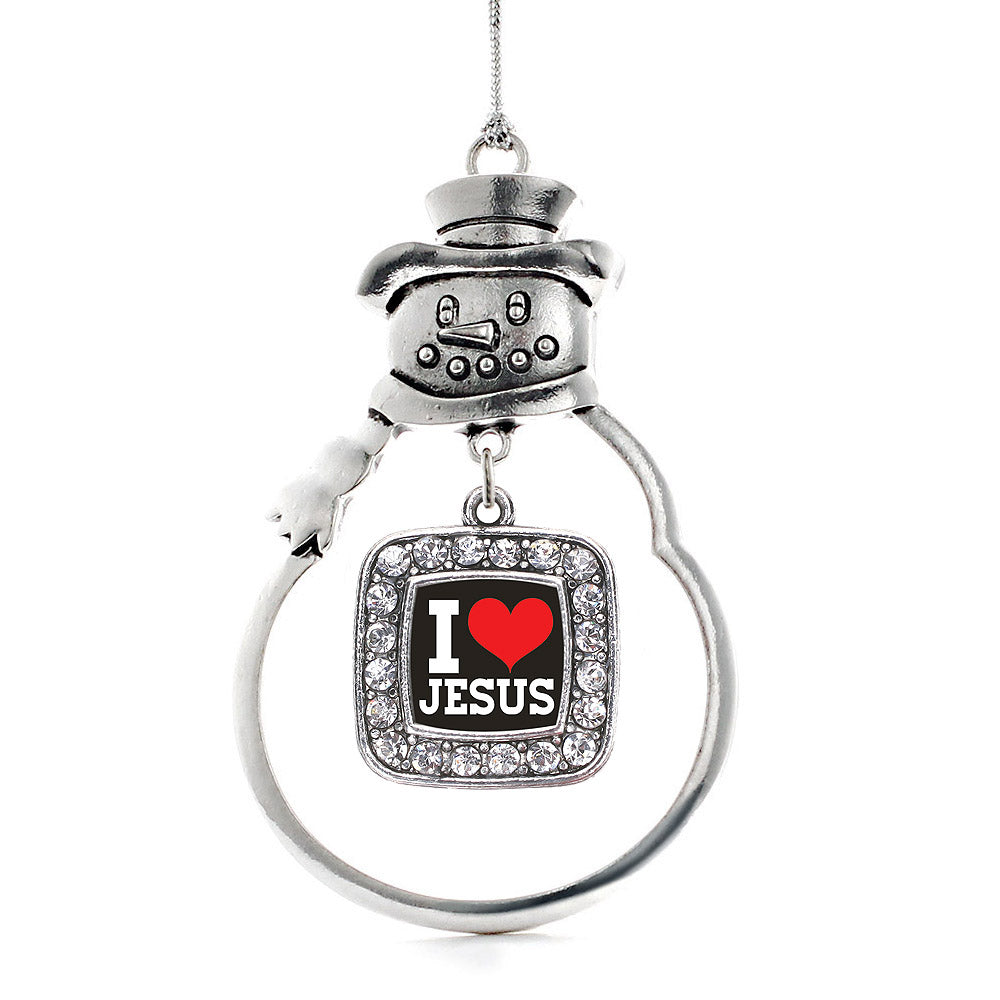 Silver I Love Jesus Square Charm Snowman Ornament