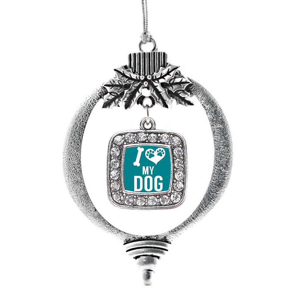 Silver I Love My Dog Square Charm Holiday Ornament