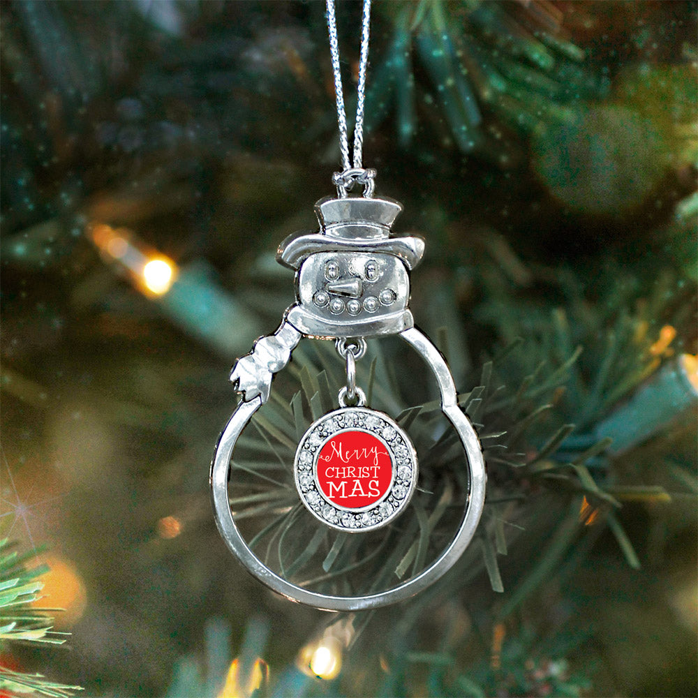 Silver Merry Christmas Circle Charm Snowman Ornament