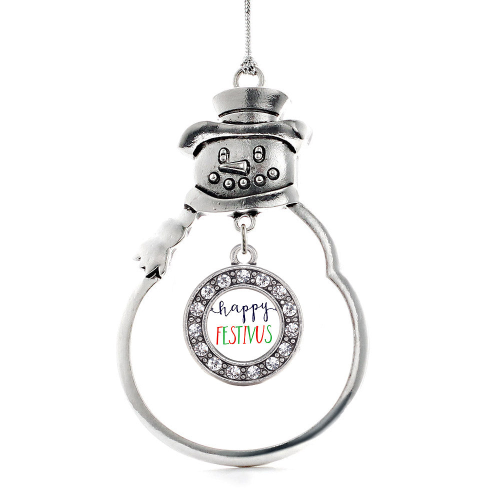 Silver Happy Festivus Circle Charm Snowman Ornament