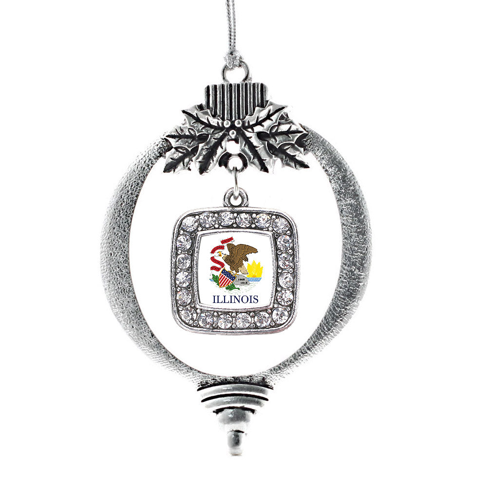 Silver Illinois Flag Square Charm Holiday Ornament