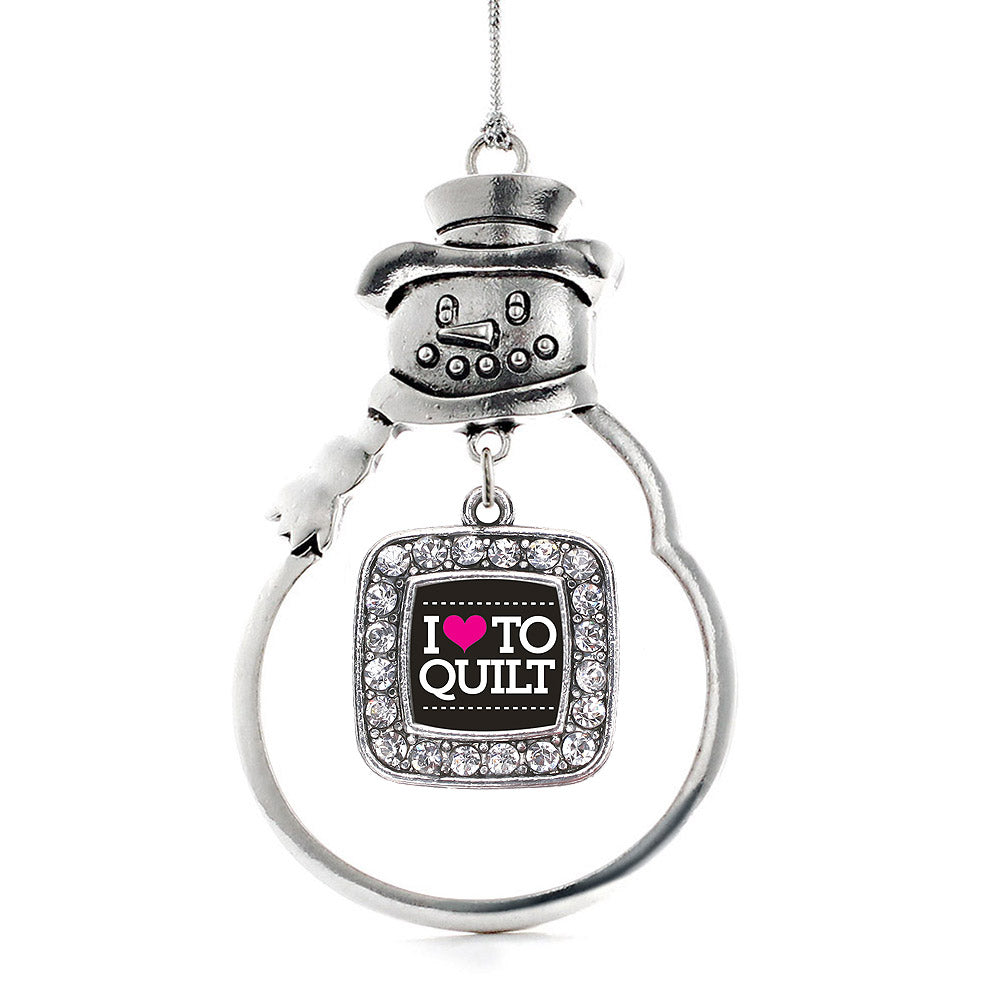 Silver I Love to Quilt Square Charm Snowman Ornament