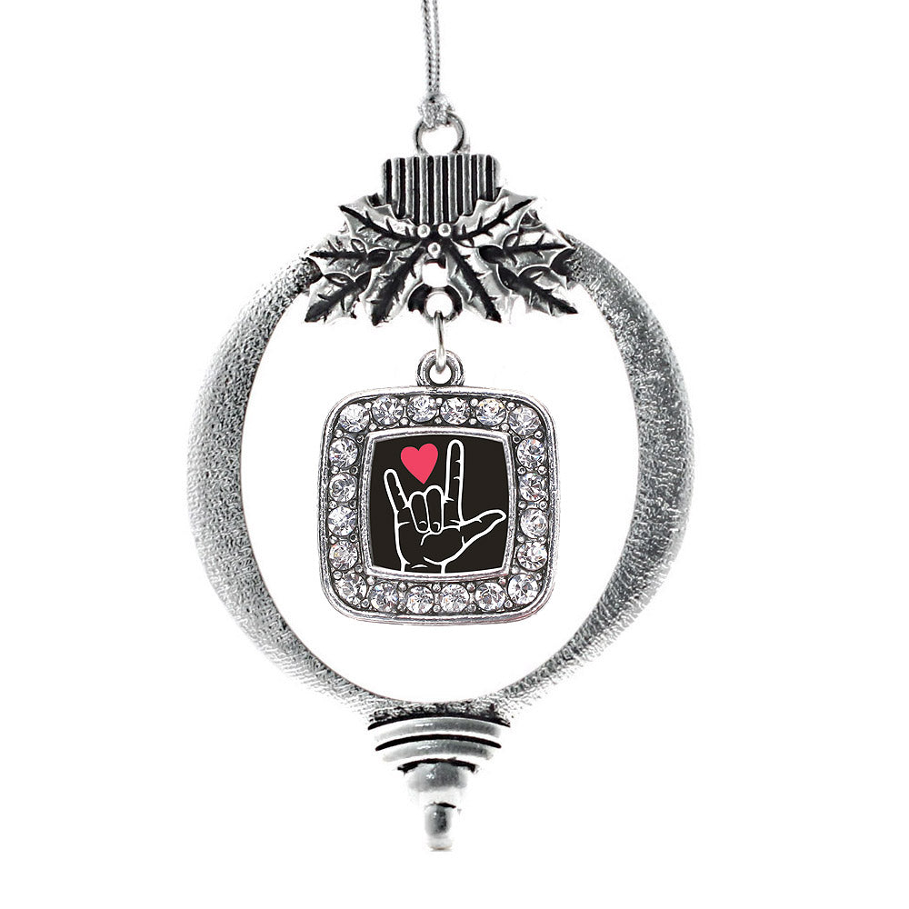 Silver I Love You Sign Language Interpreter Square Charm Holiday Ornament