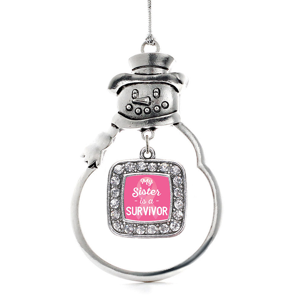 Silver My Sister is a Survivor Breast Cancer Awareness Square Charm Snowman Ornament