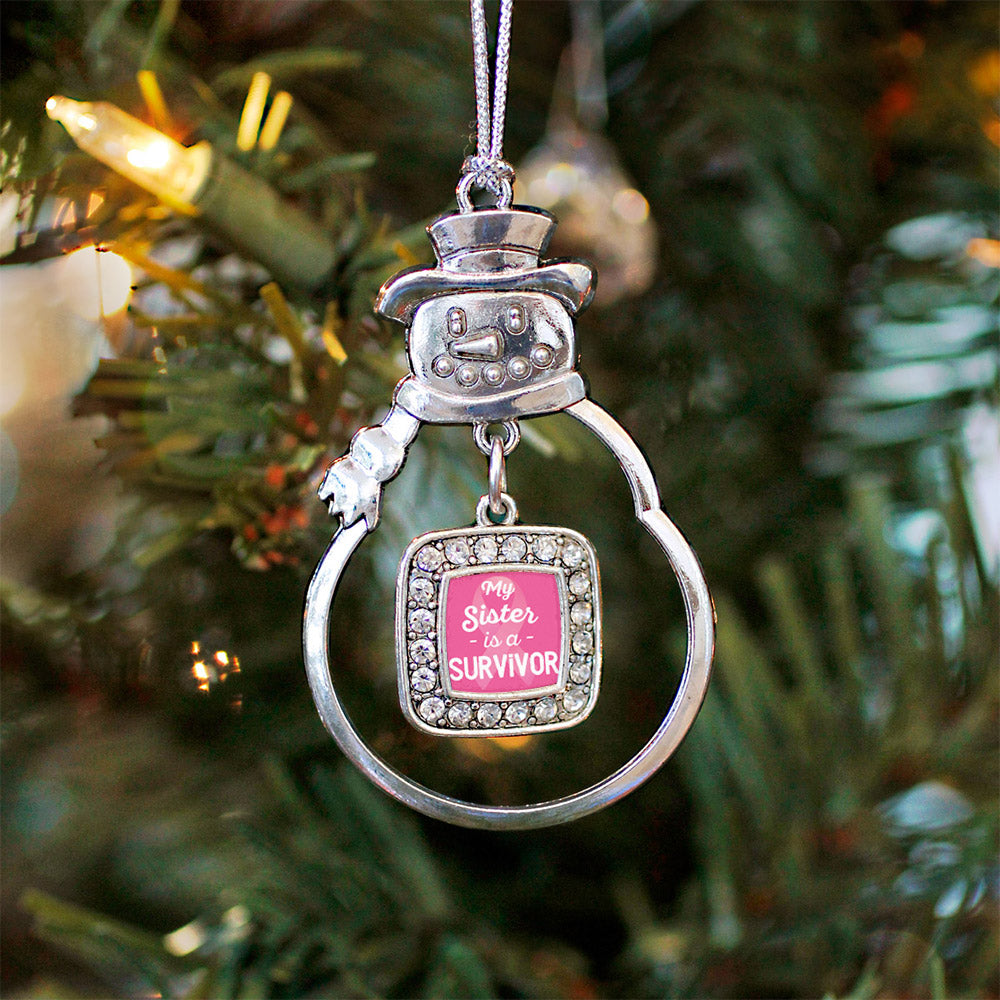 Silver My Sister is a Survivor Breast Cancer Awareness Square Charm Snowman Ornament
