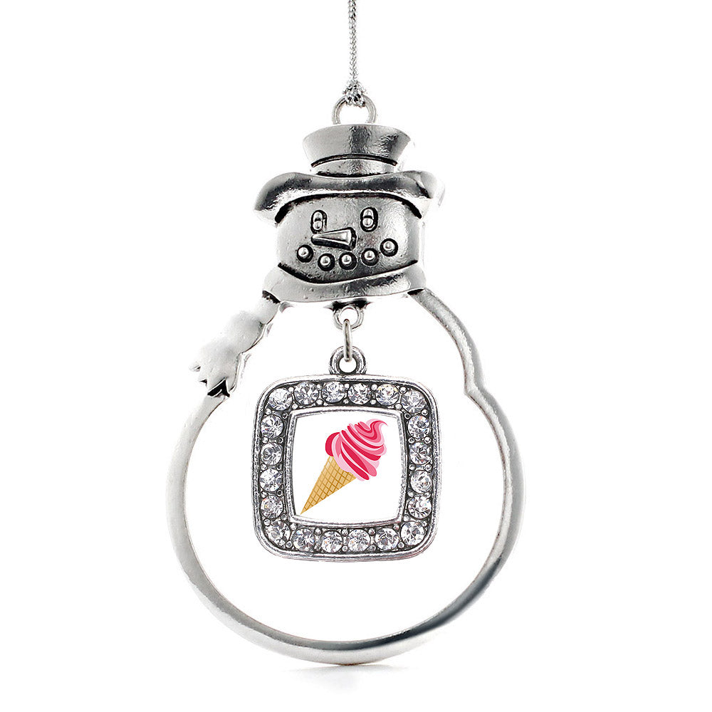 Silver Ice Cream Cone Lovers Square Charm Snowman Ornament