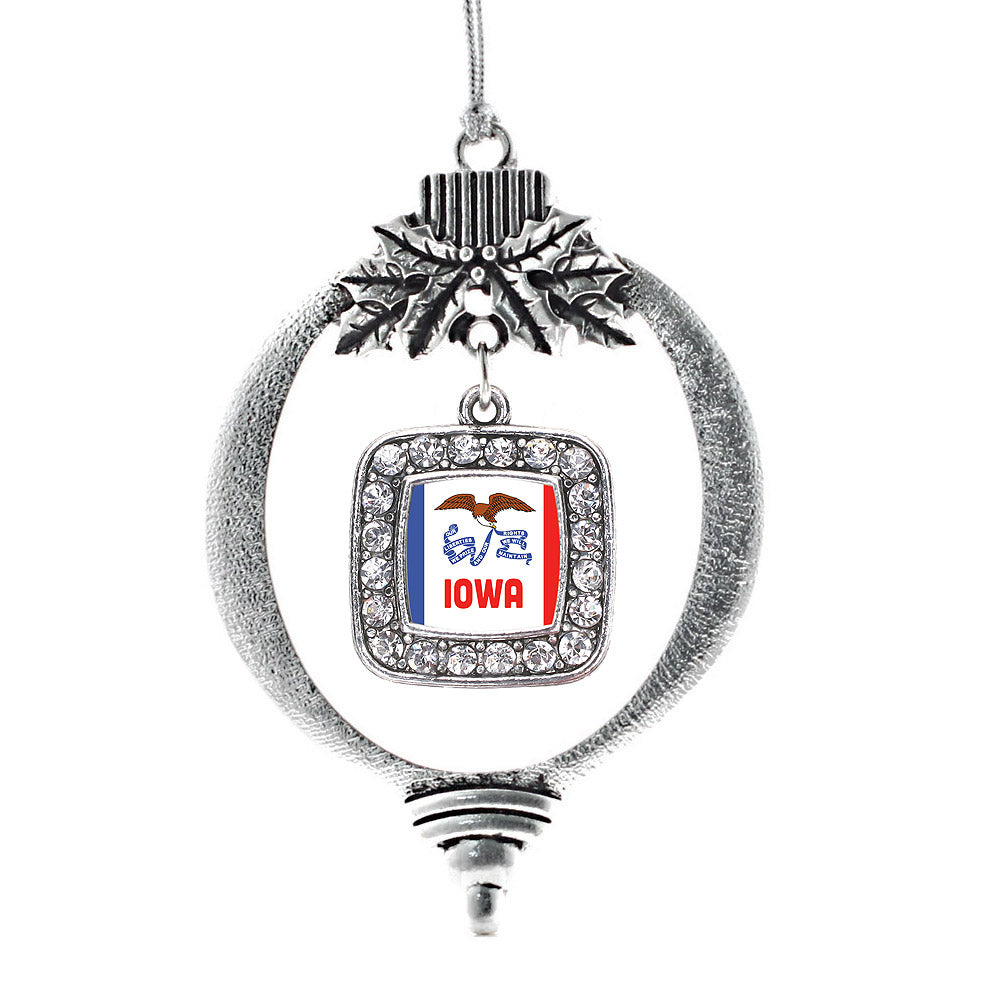 Silver Iowa Flag Square Charm Holiday Ornament