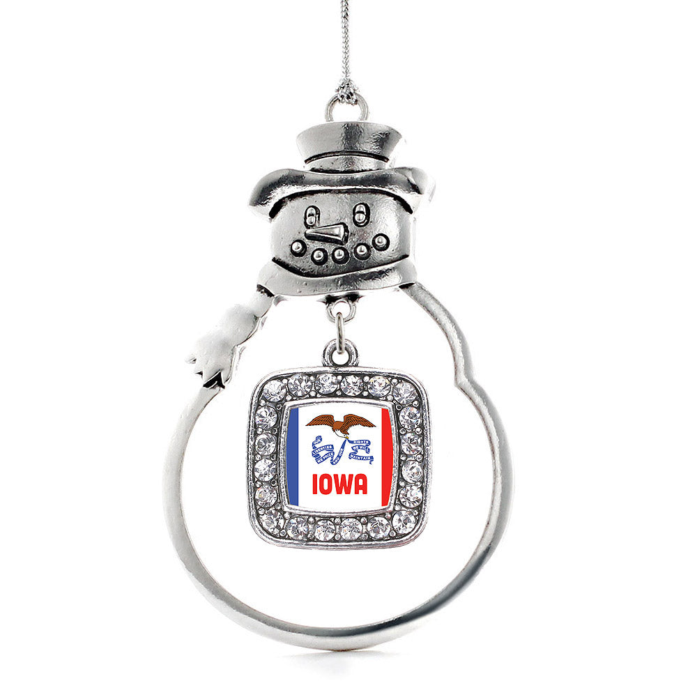 Silver Iowa Flag Square Charm Snowman Ornament