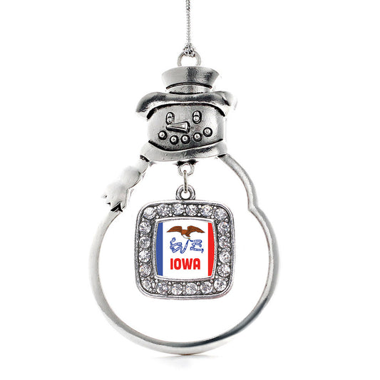 Silver Iowa Flag Square Charm Snowman Ornament