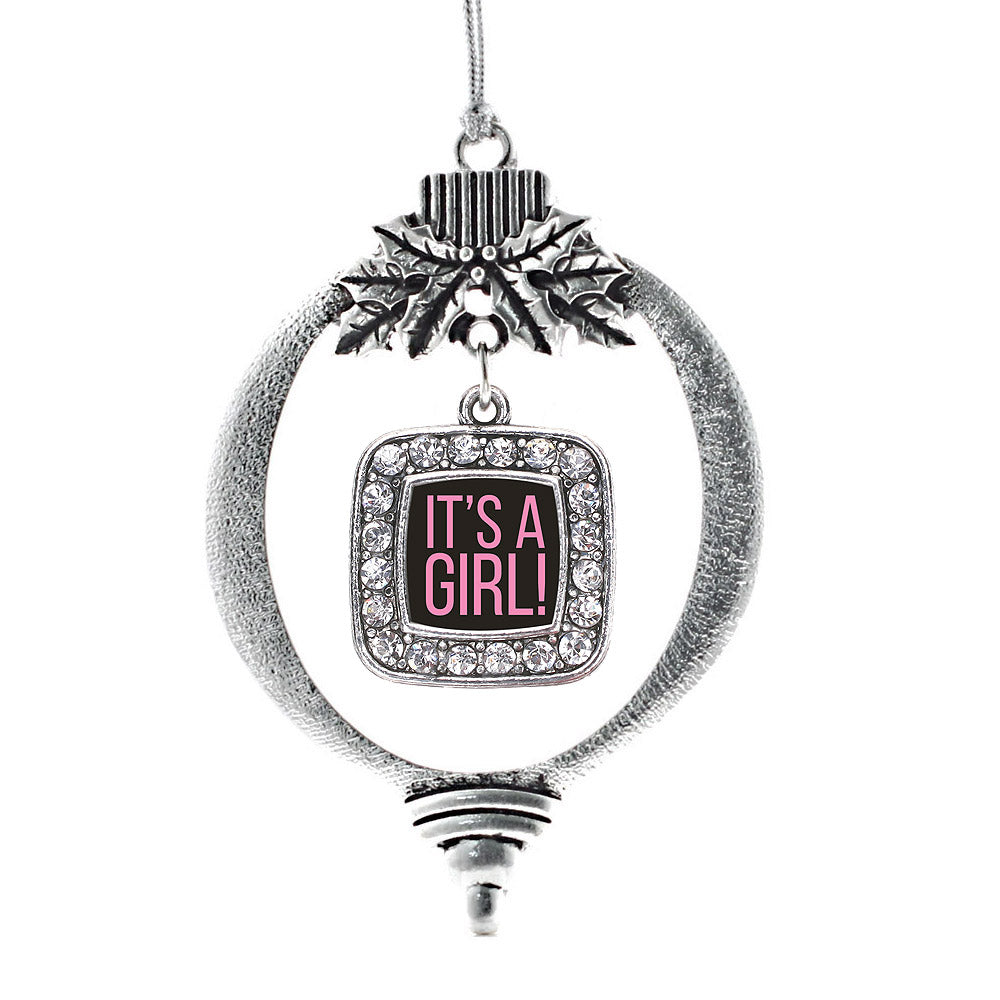 Silver It's A Girl Square Charm Holiday Ornament