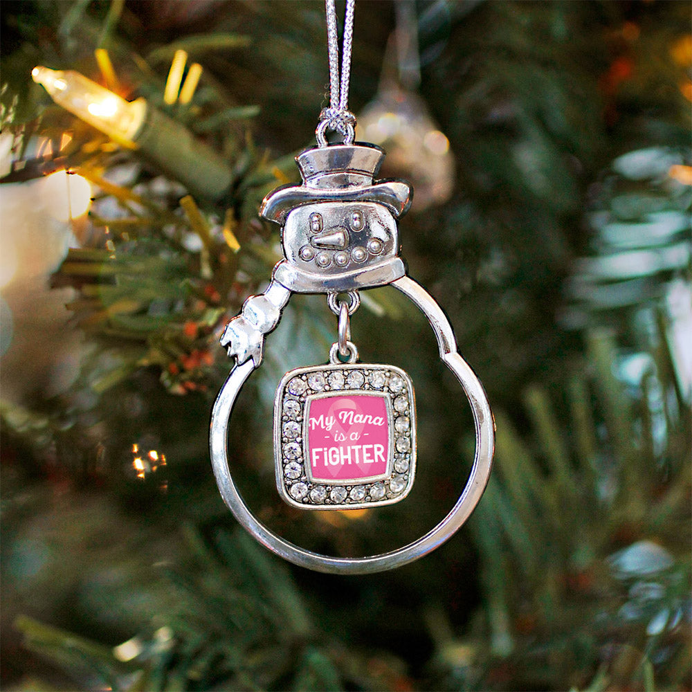 Silver My Nana is a Fighter Breast Cancer Awareness Square Charm Snowman Ornament
