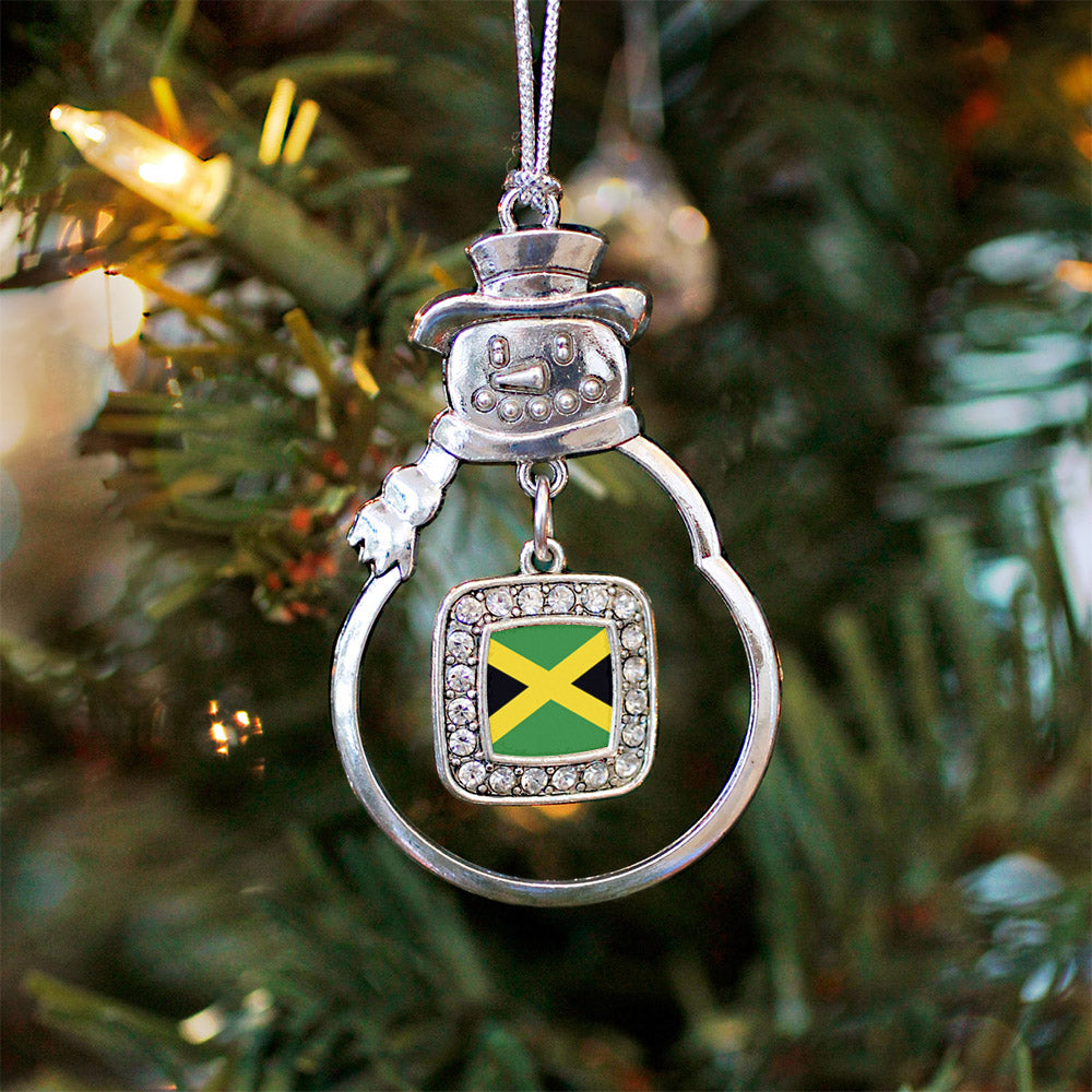 Silver Jamaican Flag Square Charm Snowman Ornament