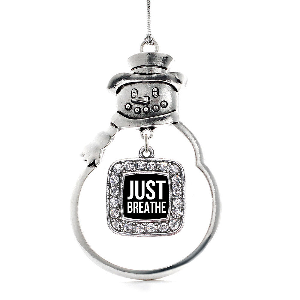 Silver Just Breathe Black Square Charm Snowman Ornament