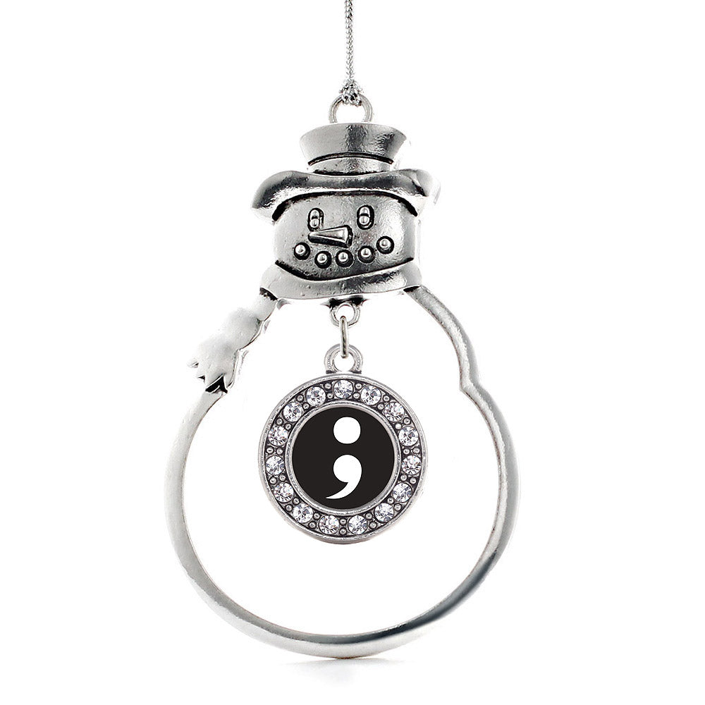 Silver Semicolon Movement Circle Charm Snowman Ornament