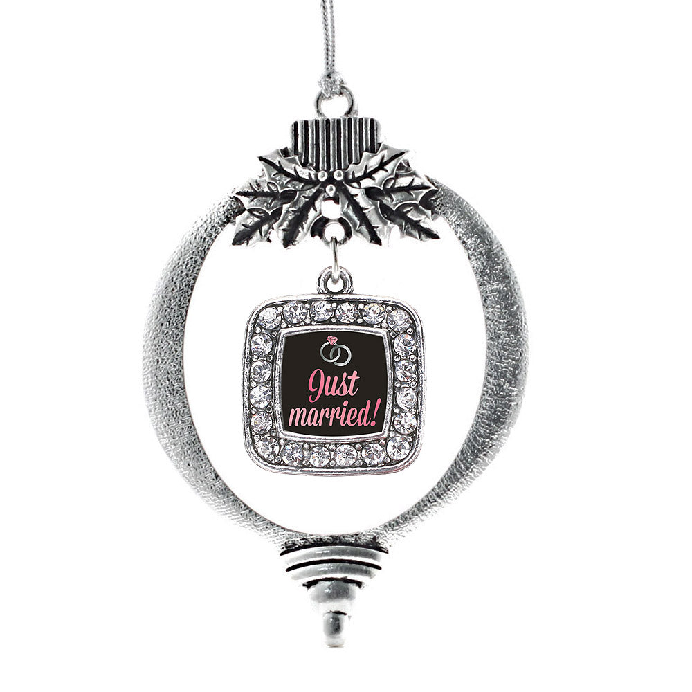Silver Just Married Square Charm Holiday Ornament