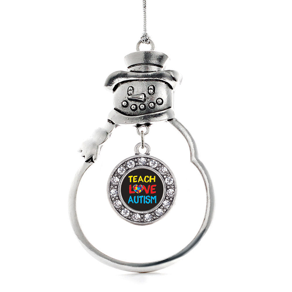 Silver Teach Love Autism Awareness Circle Charm Snowman Ornament