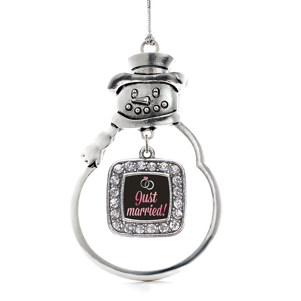 Silver Just Married Square Charm Snowman Ornament