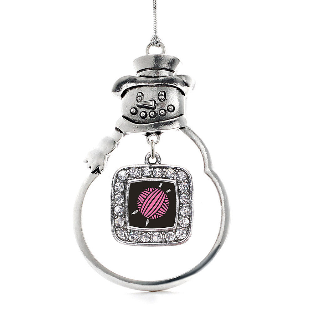 Silver Knitting Needles Square Charm Snowman Ornament