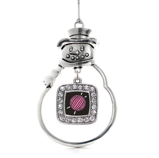Silver Knitting Needles Square Charm Snowman Ornament