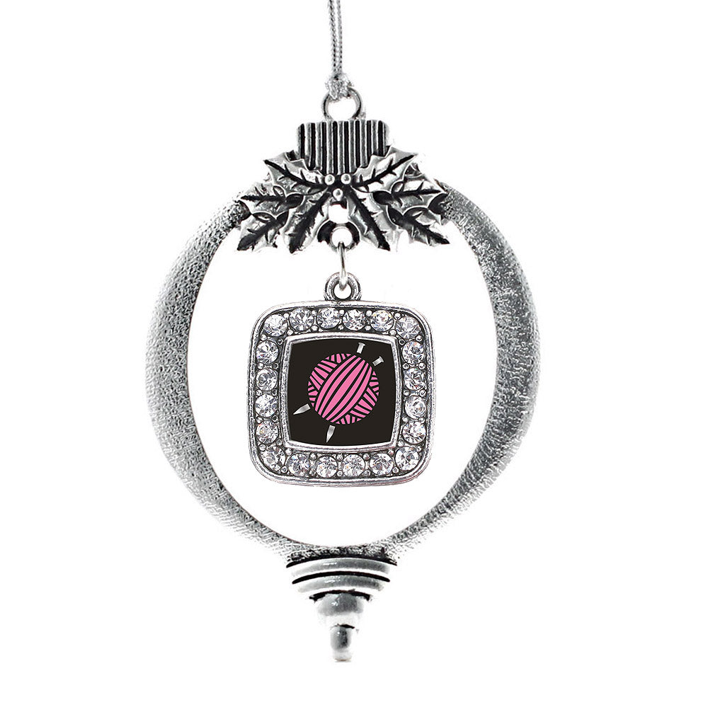 Silver Knitting Needles Square Charm Holiday Ornament