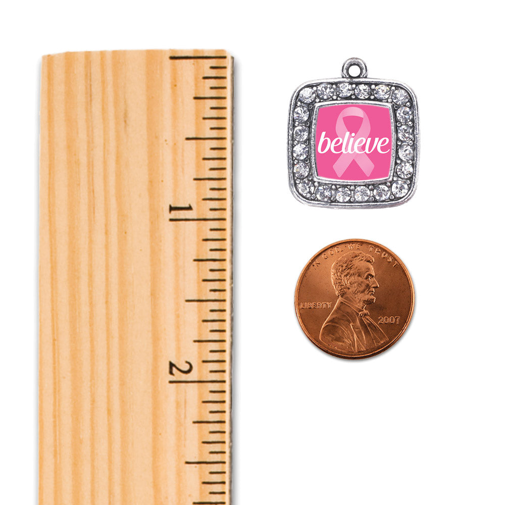 Silver Believe Breast Cancer Awareness Square Charm Holiday Ornament