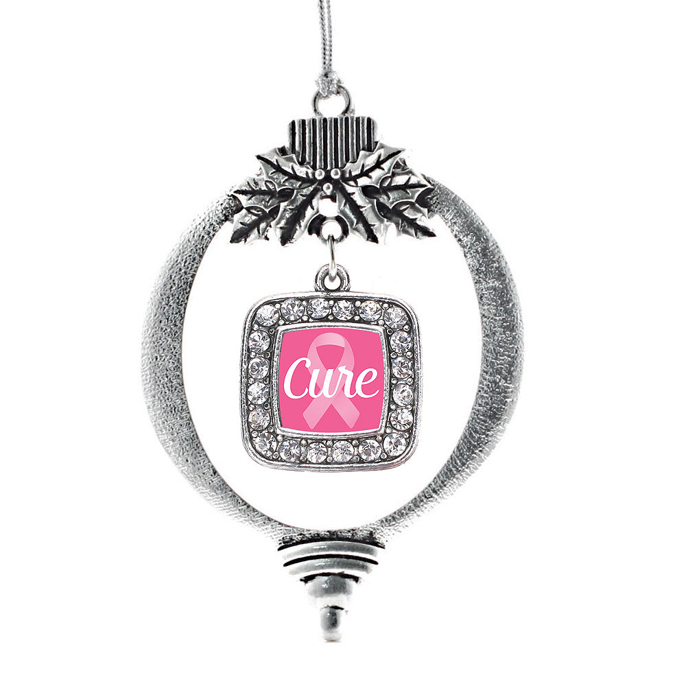 Silver Cure Breast Cancer Awareness Square Charm Holiday Ornament
