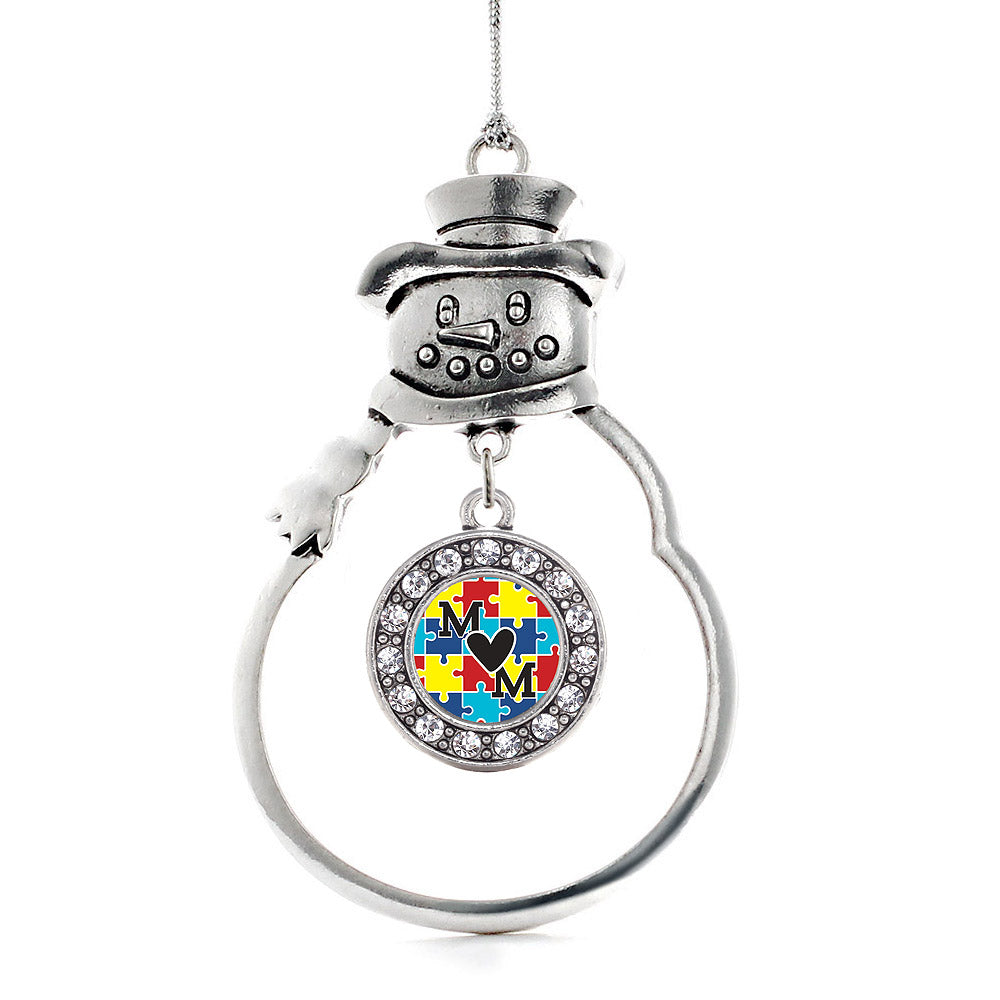 Silver Autism Mom Circle Charm Snowman Ornament