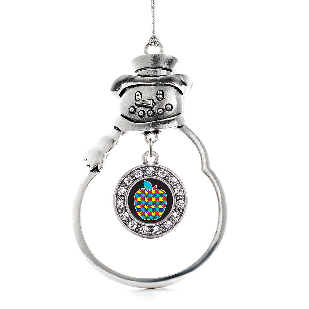 Silver Autism Apple Circle Charm Snowman Ornament