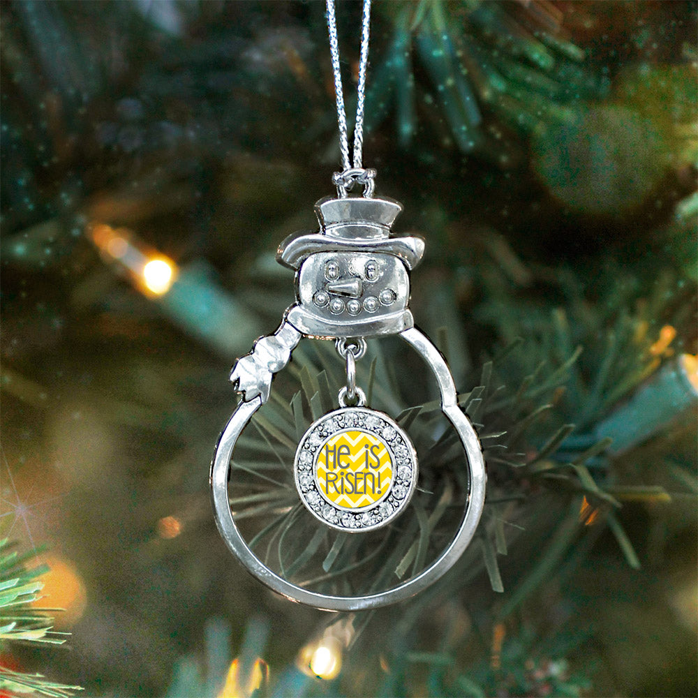 Silver He is Risen Yellow Chevron Patterned Circle Charm Snowman Ornament