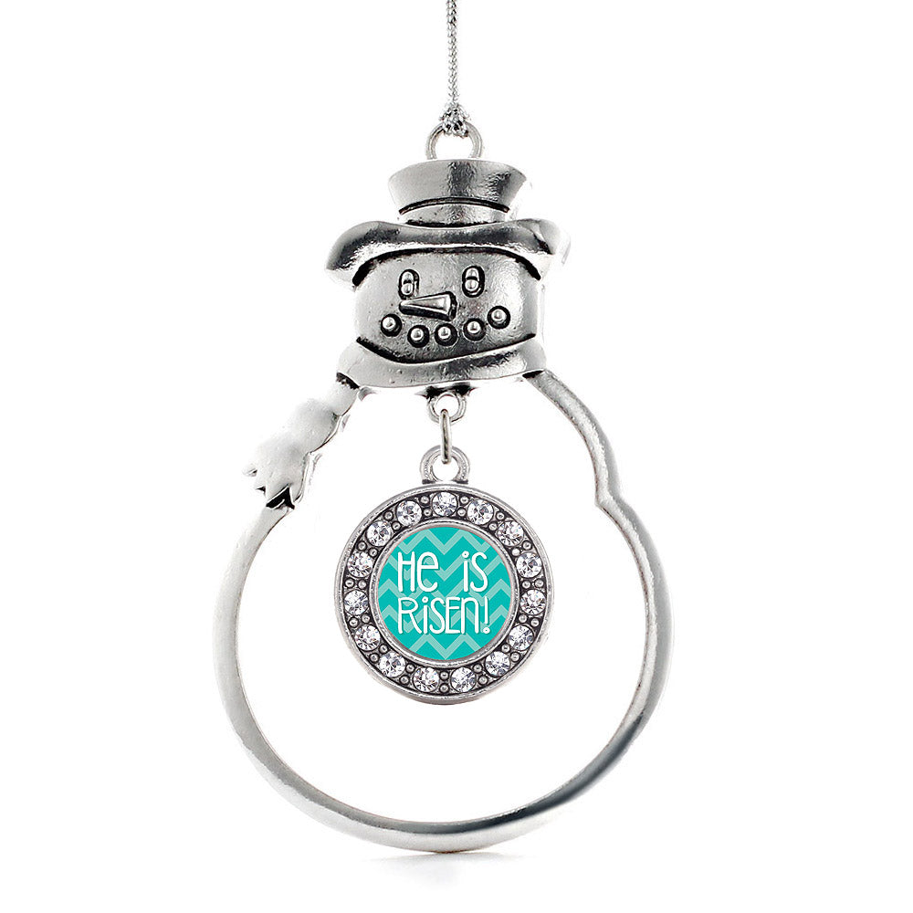 Silver He is Risen Teal Chevron Patterned Circle Charm Snowman Ornament