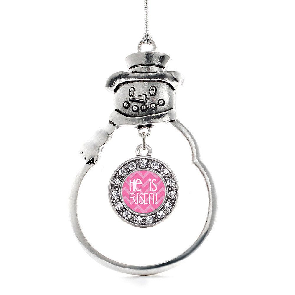 Silver He is Risen Pink Chevron Patterned Circle Charm Snowman Ornament