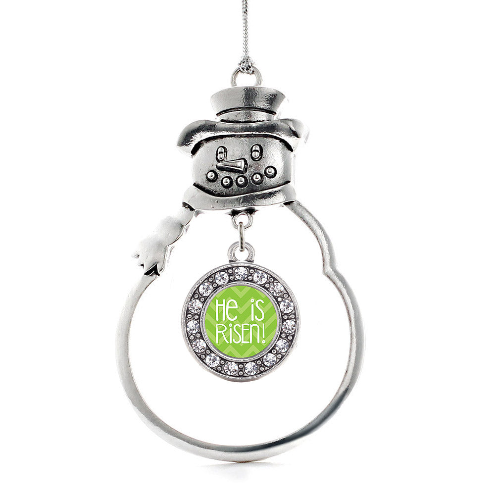 Silver He is Risen Green Chevron Patterned Circle Charm Snowman Ornament