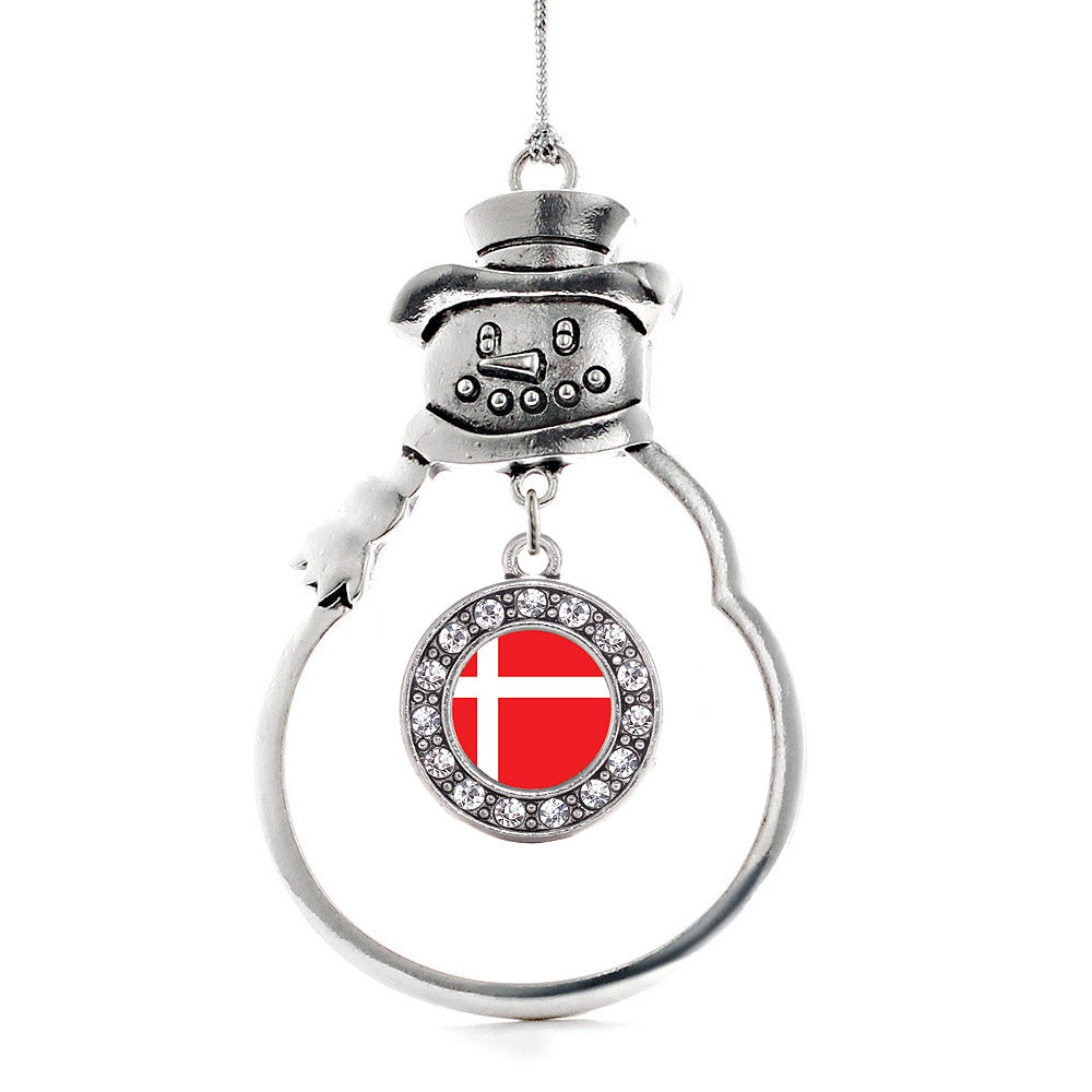 Silver Denmark Flag Circle Charm Snowman Ornament