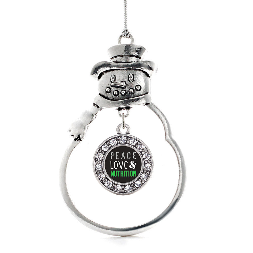 Silver Peace, Love, and Nutrition Circle Charm Snowman Ornament