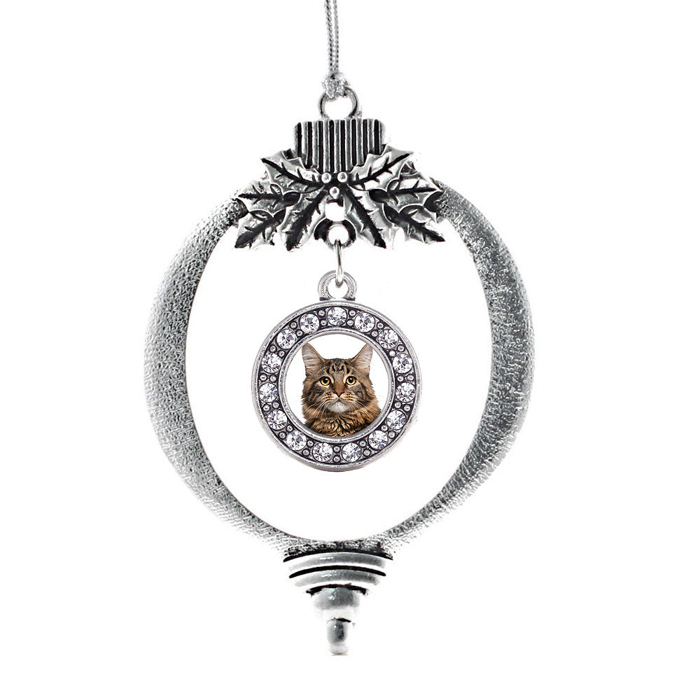 Silver Maine Coon Cat Circle Charm Holiday Ornament