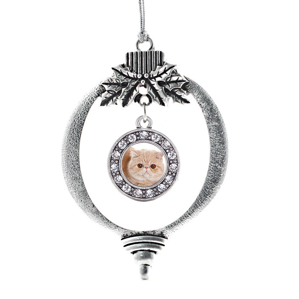 Silver Persian Cat Circle Charm Holiday Ornament