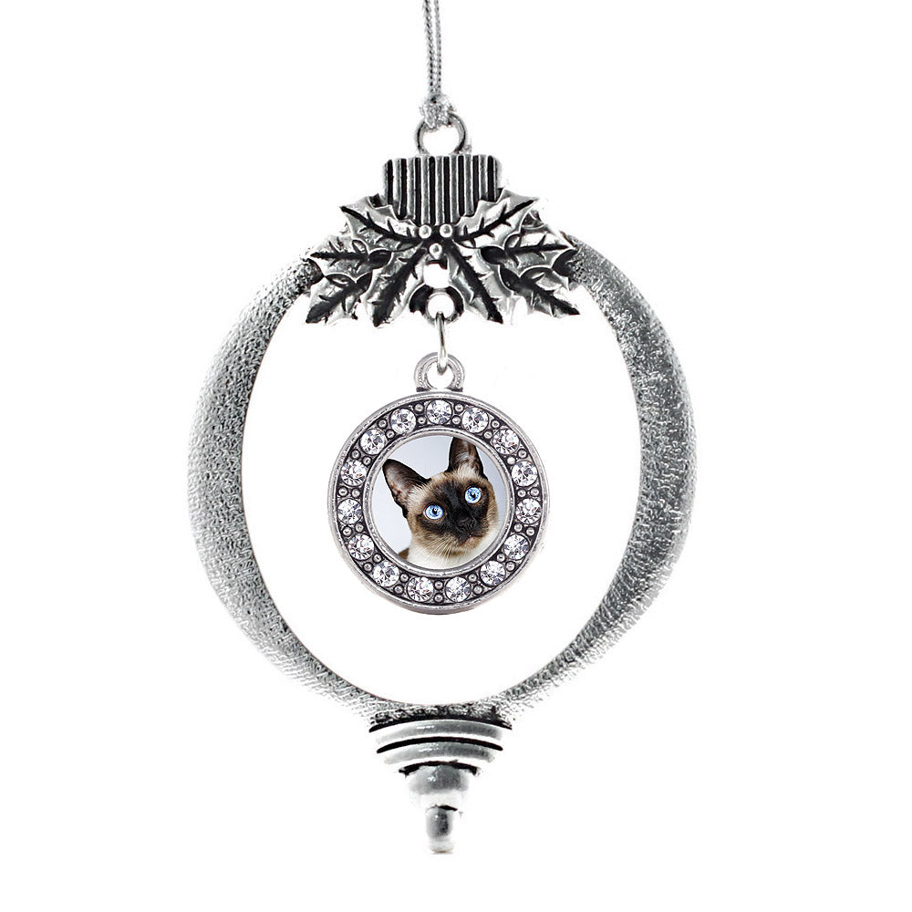 Silver Siamese Cat Circle Charm Holiday Ornament