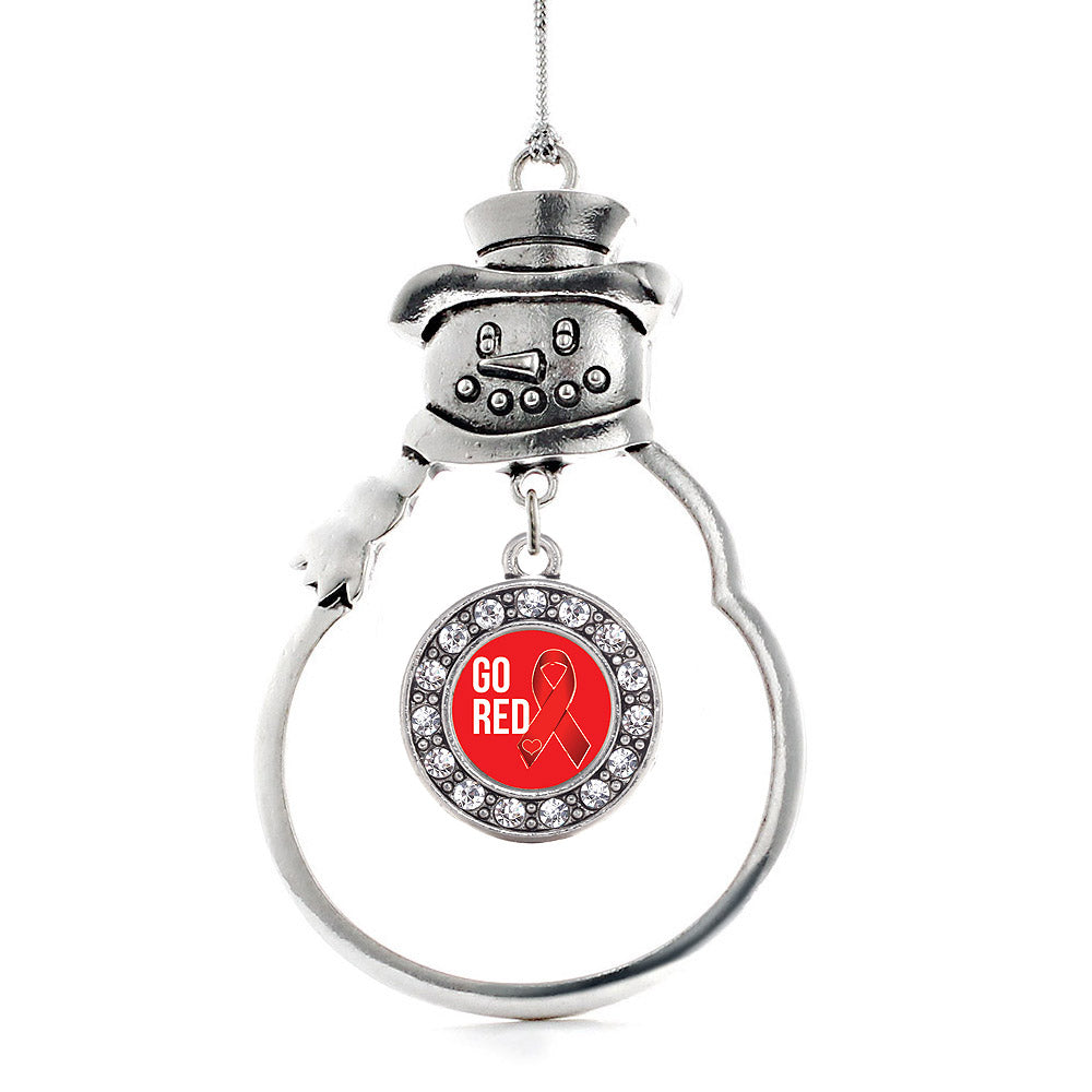 Silver Go Red Heart Disease Awareness Circle Charm Snowman Ornament