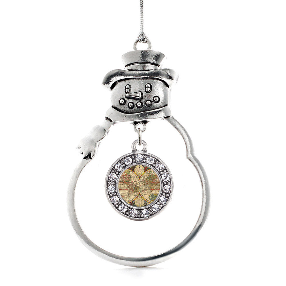 Silver Vintage Map Circle Charm Snowman Ornament