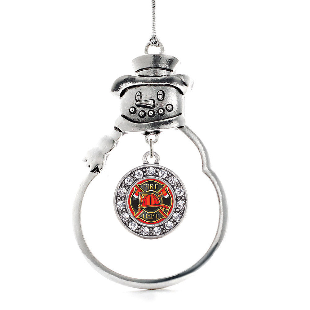 Silver Fire Department Badge Circle Charm Snowman Ornament