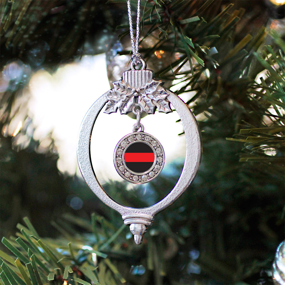 Silver Thin Red Line Fire Department Support Circle Charm Holiday Ornament