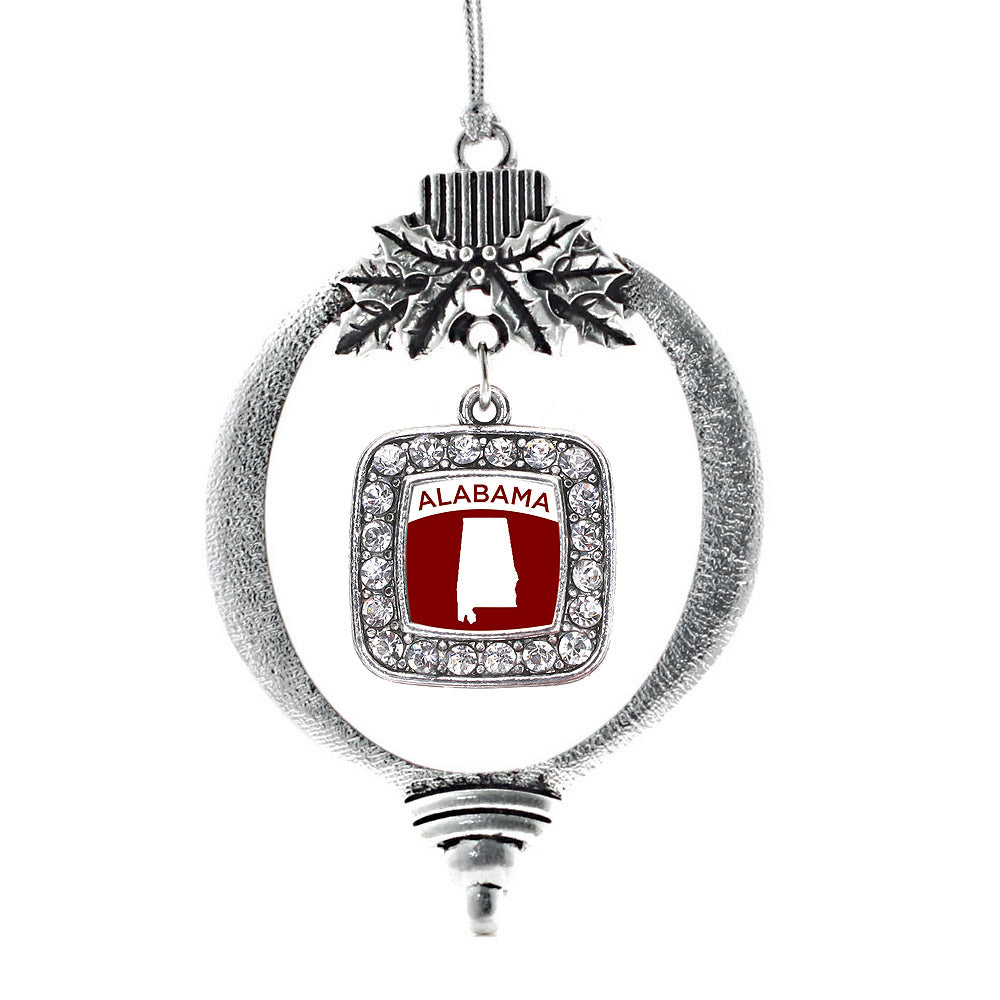 Silver Alabama Outline Square Charm Holiday Ornament