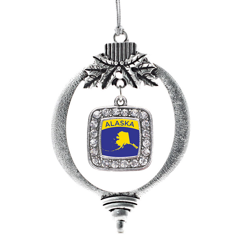 Silver Alaska Outline Square Charm Holiday Ornament